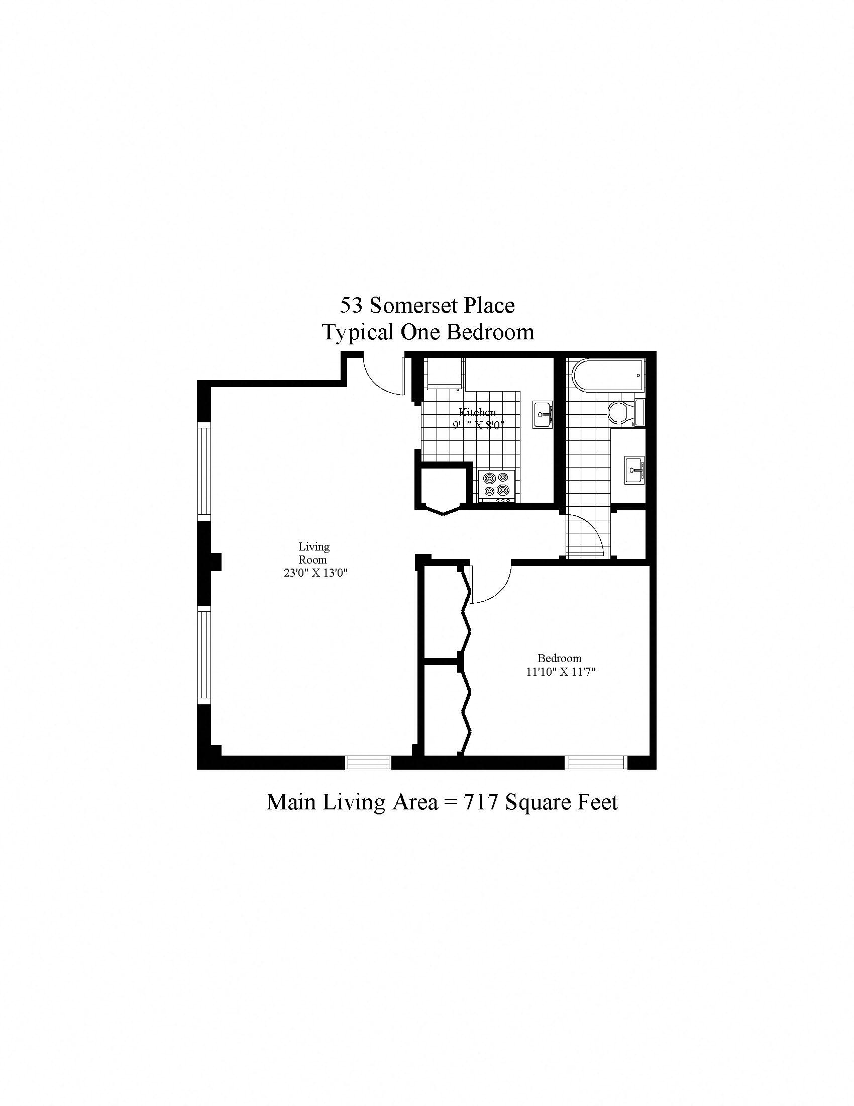 Floor plan for 1 bed, 1 bath, 717 sqft